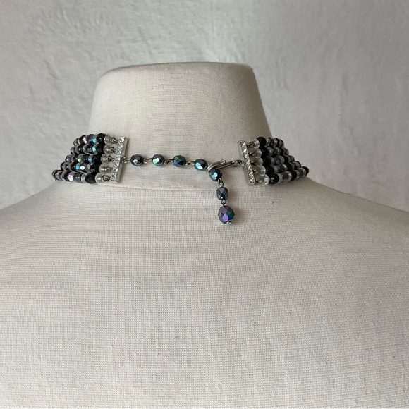Vtg Black Aurora Borealis Crystal Necklace Vintage 5 Strand Statement Necklace - Picture 9 of 9